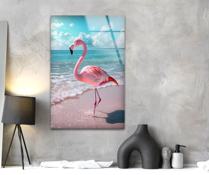 Flamingo on Beach Glass Wall Art large glass photo prints, glass wall photos
