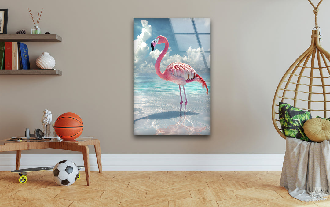 Pink Flamingo On Blue Ocean Glass Wall Art custom glass photo prints, large glass prints