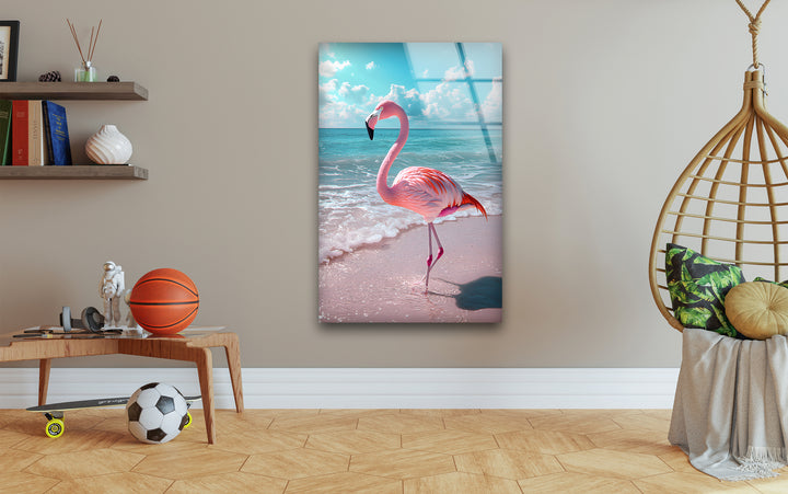 Flamingo on Beach Glass Wall Art custom glass photo prints, large glass prints
