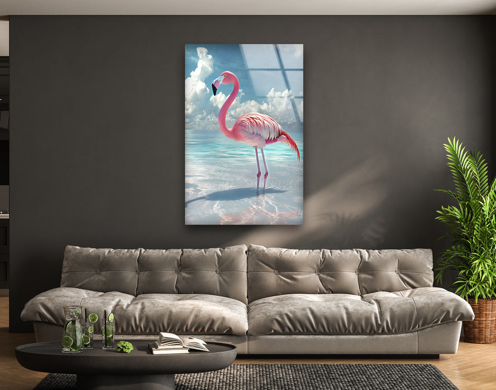 Pink Flamingo On Blue Ocean Glass Wall Art custom glass photo prints, large glass prints
