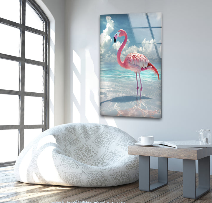 Pink Flamingo On Blue Ocean Glass Wall Art print on glass, glass printed photos
