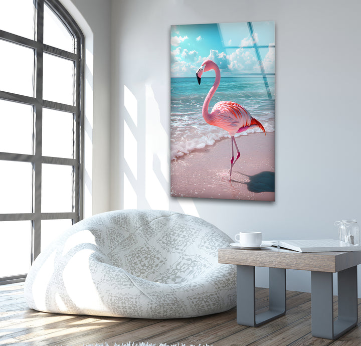 Flamingo on Beach Glass Wall Art glass art painting, glass art for the Wall
