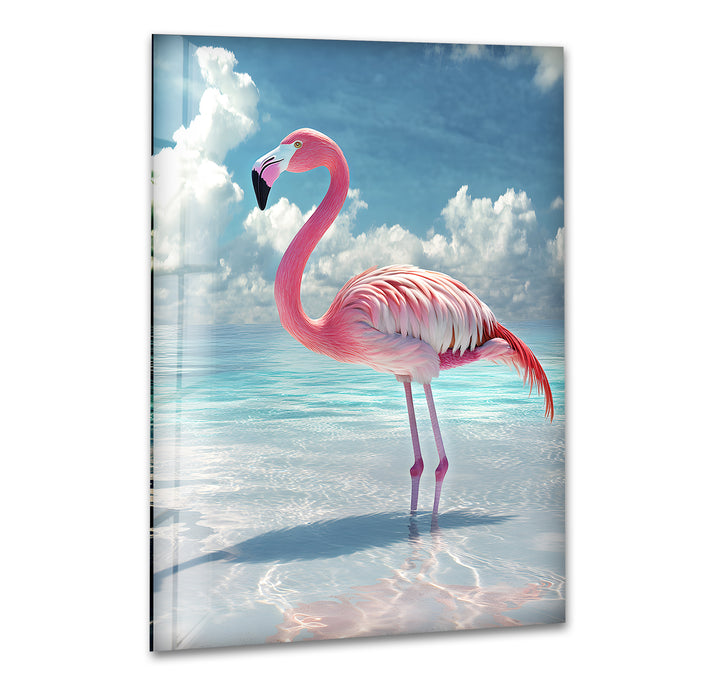 Pink Flamingo On Blue Ocean Glass Wall Art large glass photo prints, glass wall photos