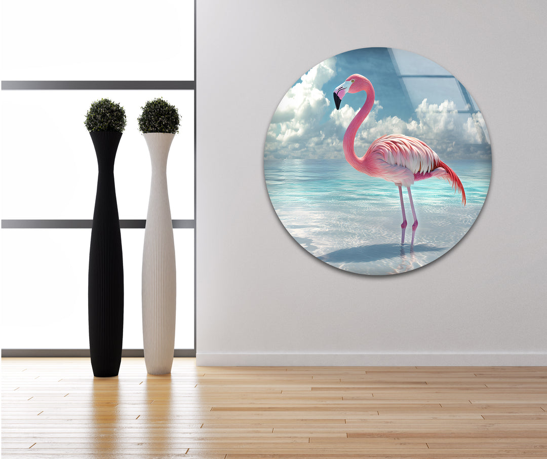 Pink Flamingo On Blue Ocean Glass Wall Art print picture on glass, Tempered Glass Wall Art
