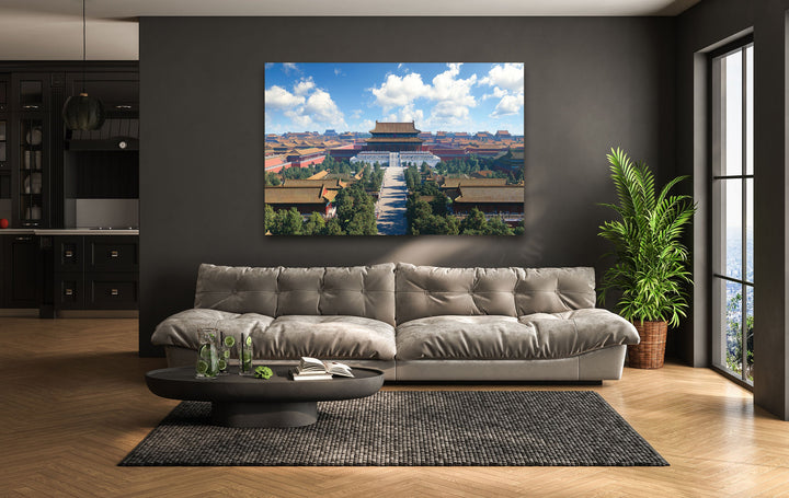 Forbidden City Blue Glass Wall Art custom glass pictures, glass art prints
