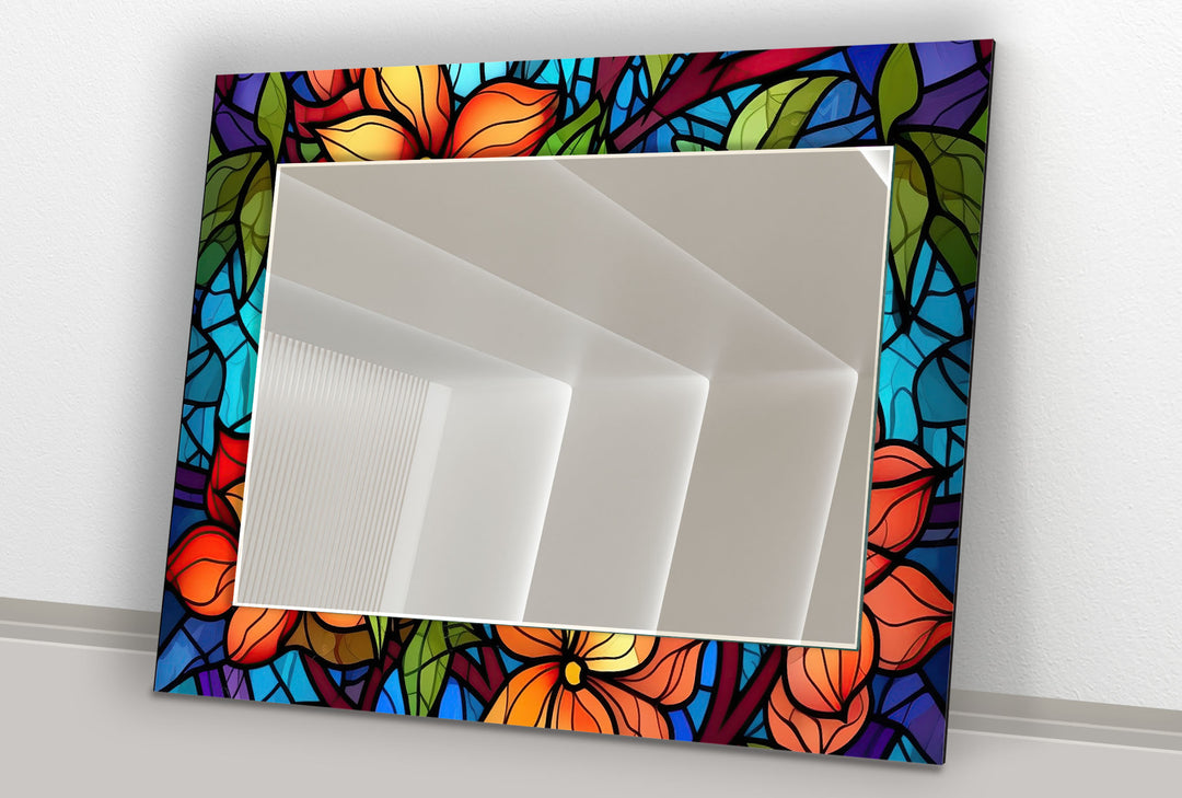 Orange & Blue Flowers Wall Mirror Long Wall Mirror
