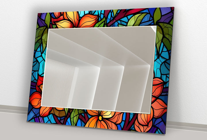 Orange & Blue Flowers Wall Mirror Long Wall Mirror
