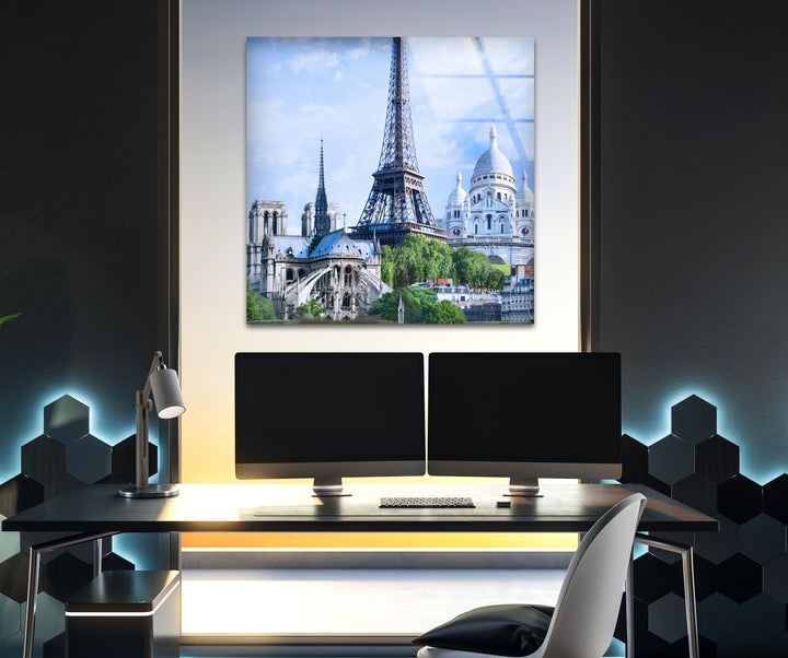 Eiffel Tower and Sacré-Cœur: Classic Paris View Captured on Glass
