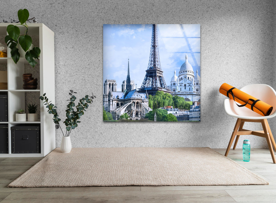 Eiffel Tower and Sacré-Cœur: Romantic Paris Landmarks on Glass Wall Art
