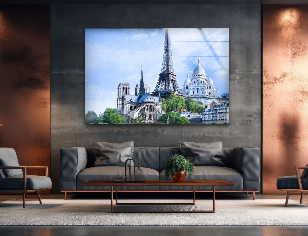 Eiffel Tower and Sacré-Cœur: Iconic Paris Skyline on Glass Wall Art
