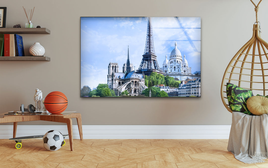 Eiffel Tower and Sacré-Cœur: Elegant Paris View Captured on Glass Wall Art
