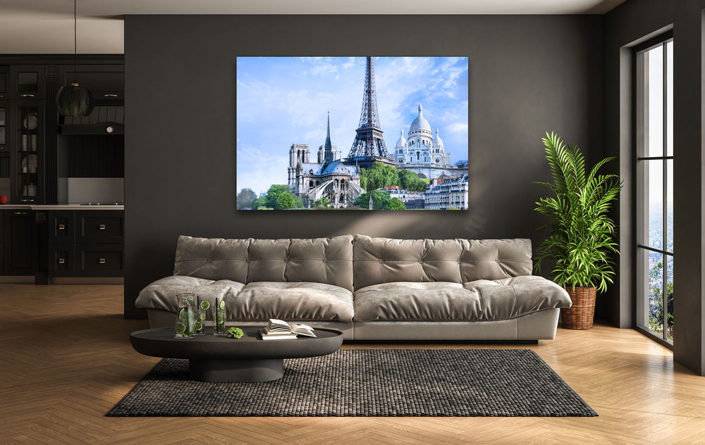 Eiffel Tower and Sacré-Cœur: Stunning Parisian Landmark View on Glass
