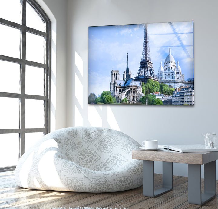 Paris Landmarks: Eiffel Tower and Sacré-Cœur on Glass Wall Art
