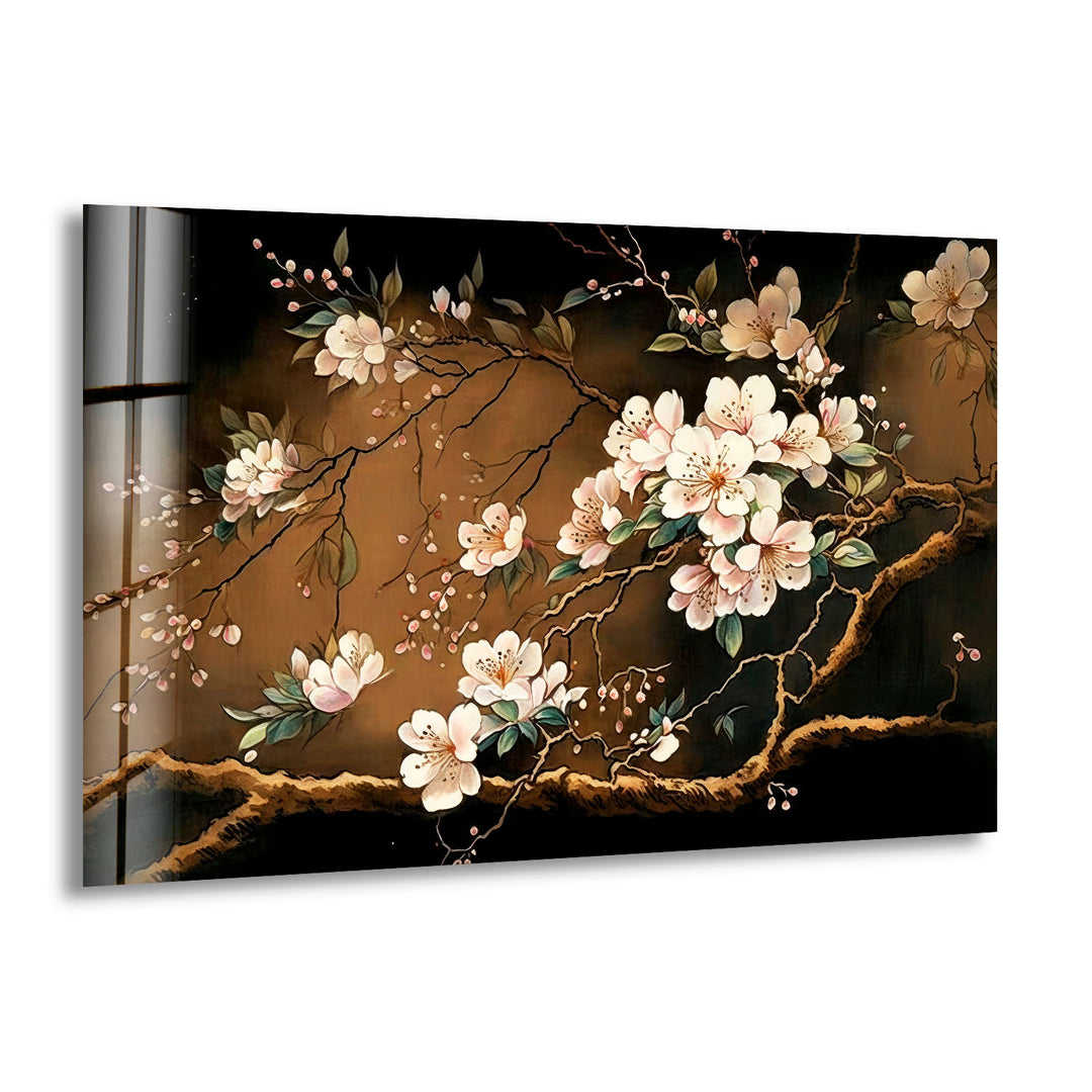 Gold Cherry Blossom Glass Wall Art, print picture on glass, Tempered Glass Wall Art