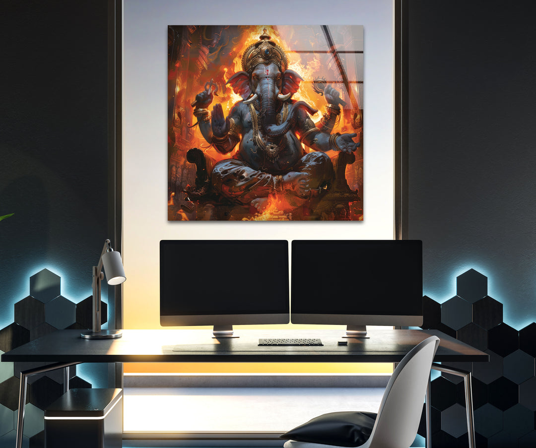 Ganesha with Fire Glass Print Wall Art Pieces