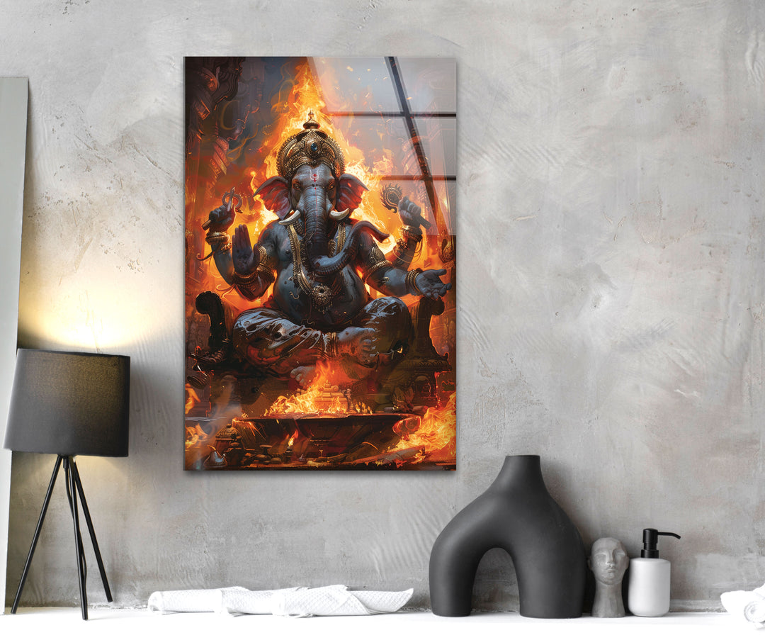 Ganesha with Fire Glass Wall Artwork Designs