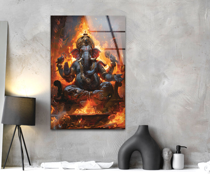 Ganesha with Fire Glass Wall Artwork Designs