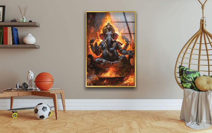 Ganesha with Fire Glass Wall Art for Home Decor