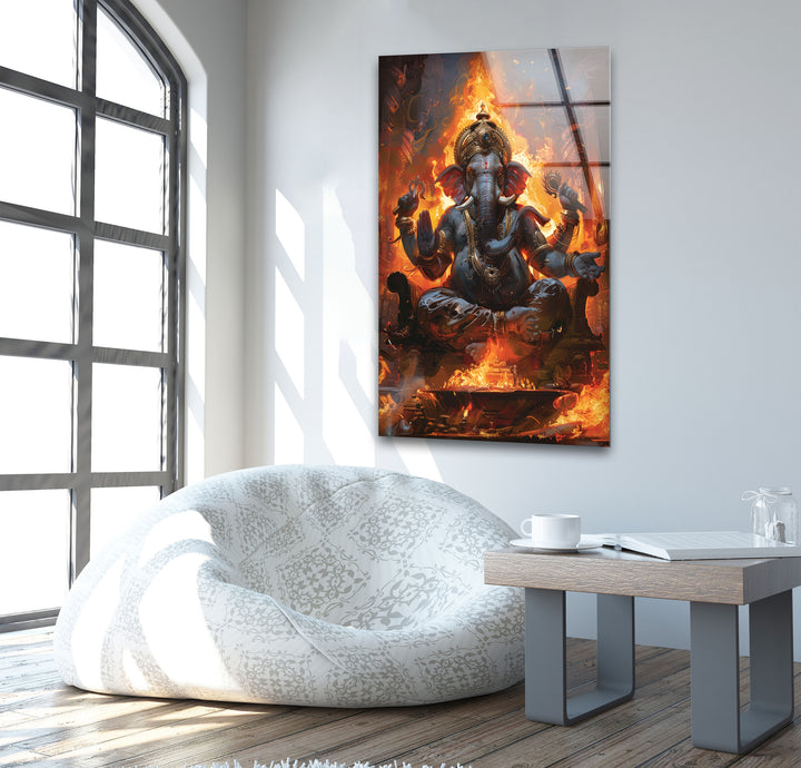 Ganesha with Fire Glass Wall Art | Custom Glass Pictures