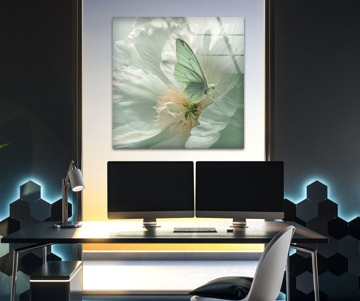 White Peony With Green Butterfly Glass Wall Art, glass photo prints, glass picture prints
