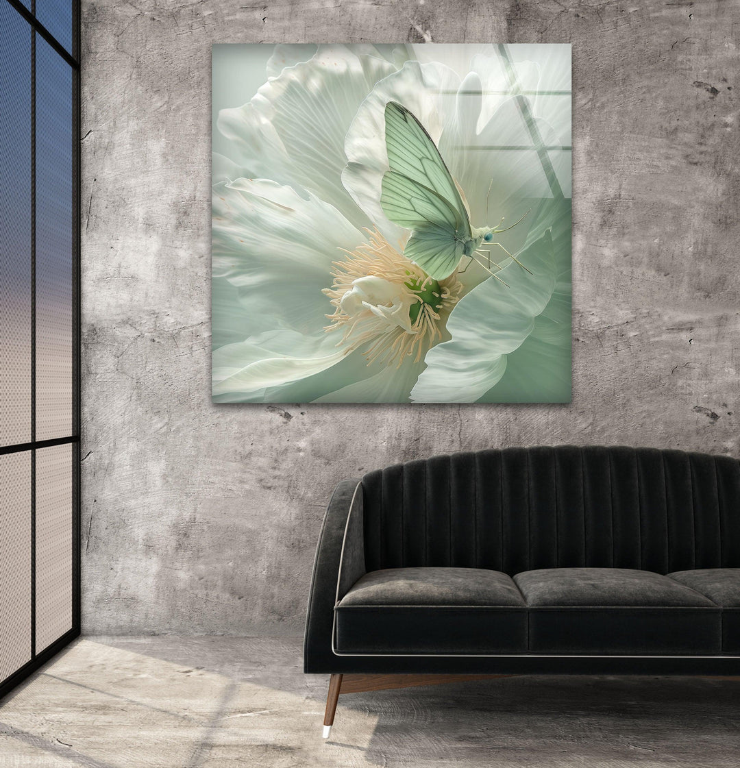 White Peony With Green Butterfly Glass Wall Art, art glass wall art, glass wall art pictures
