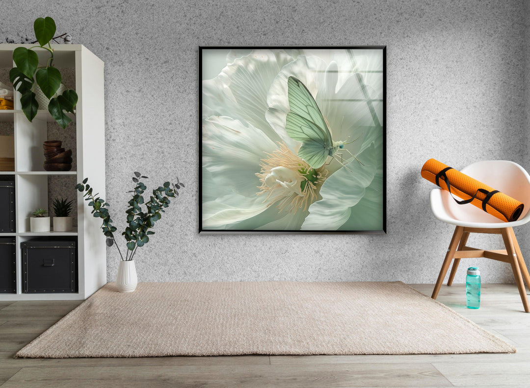 White Peony With Green Butterfly Glass Wall Art, Glass Printing Wall Art, Print photos on glass
