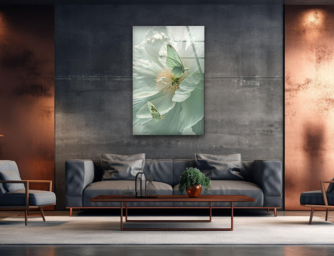 White Peony With Green Butterfly Glass Wall Art, glass pictures for Wall, glass prints wall art
