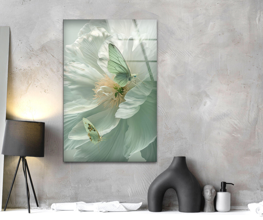 White Peony With Green Butterfly Glass Wall Art, glass art painting, glass art for the Wall
