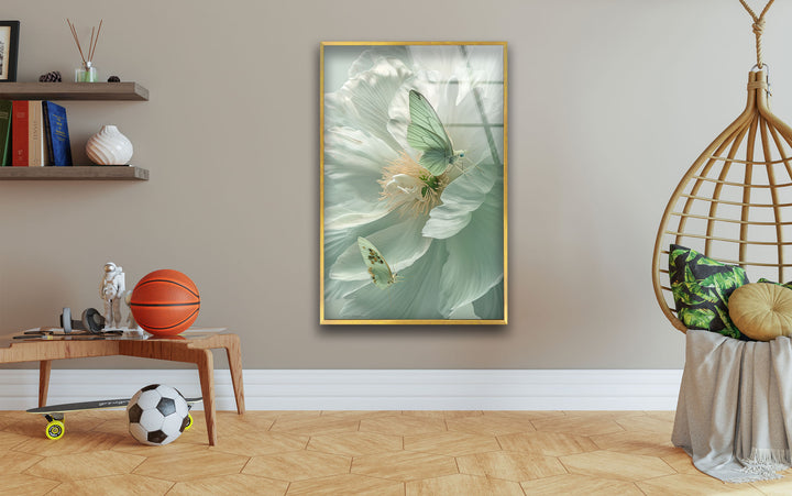 White Peony With Green Butterfly Glass Wall Art, custom glass pictures, glass art prints
