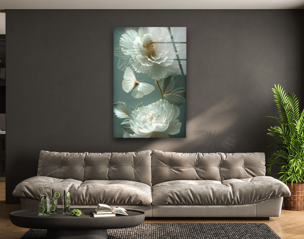 Gardenia Peony Glass Wall Art, glass wall decor, glass wall art decor