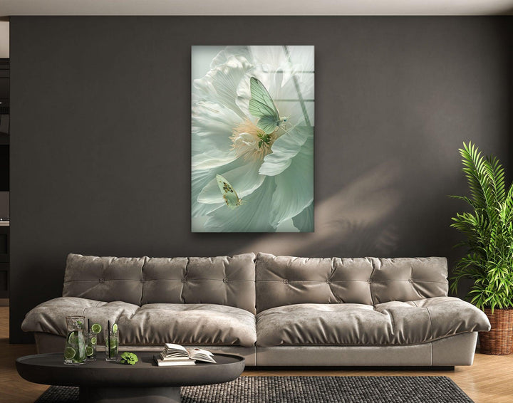 White Peony With Green Butterfly Glass Wall Art, photo print on glass, prints on glass wall art
