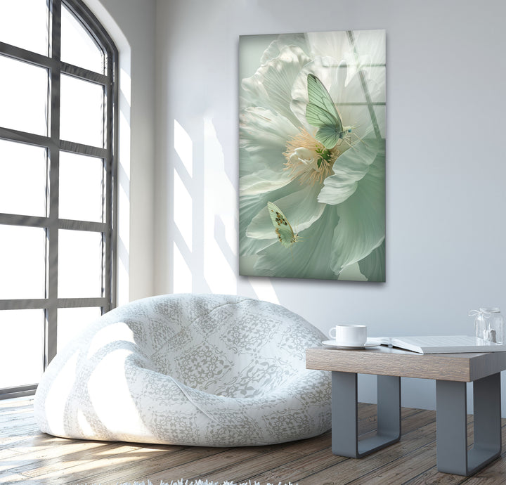 White Peony With Green Butterfly Glass Wall Art, large glass photo prints, glass wall photos
