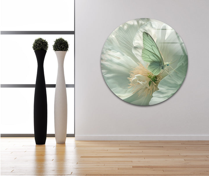 White Peony With Green Butterfly Glass Wall Art, custom glass photo prints, large glass prints
