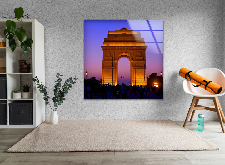 India Gate: Historic Landmark Illuminated at Dusk on Glass Wall Art
