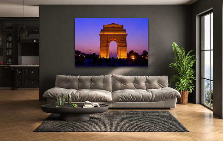 India Gate: Stunning Sunset View of Landmark on Glass Wall Art
