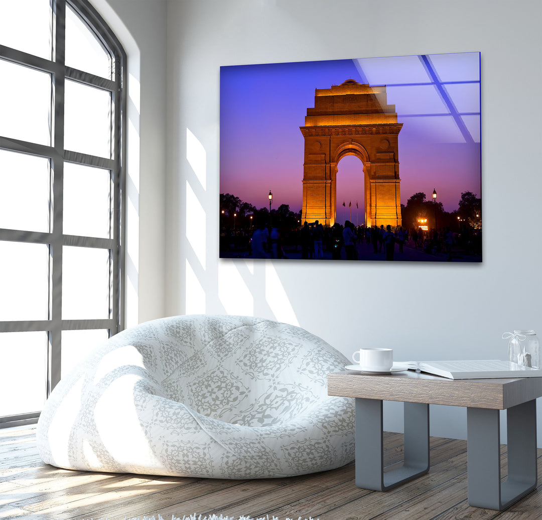 India Gate: Iconic Monument in Golden Light on Glass Wall Art
