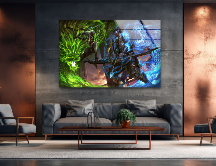 Overwatch Genji vs Hanzo Glass Wall Art custom glass photo prints, large glass prints
