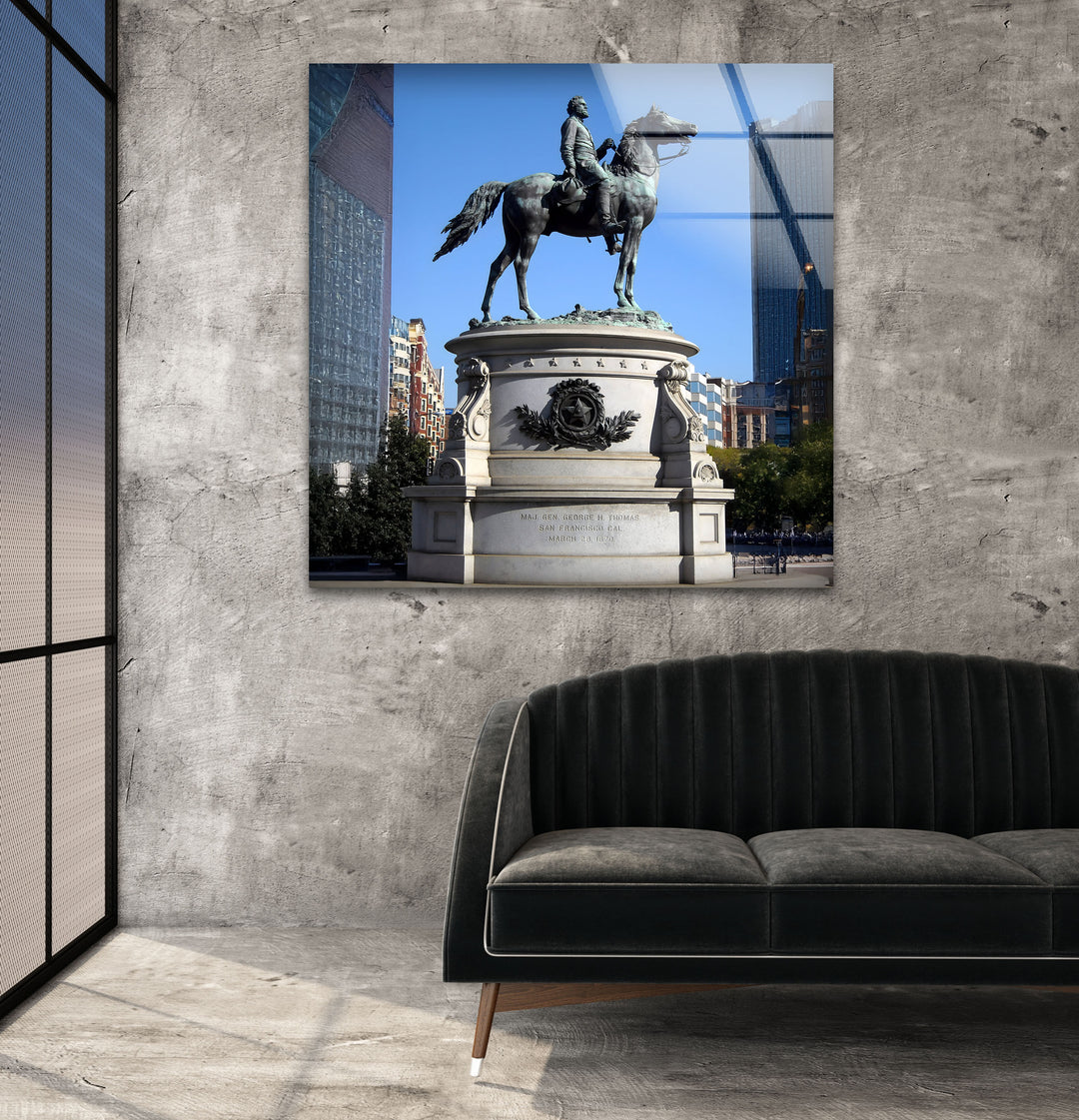 Equestrian Statue: Timeless Bronze Art on Glass Wall
