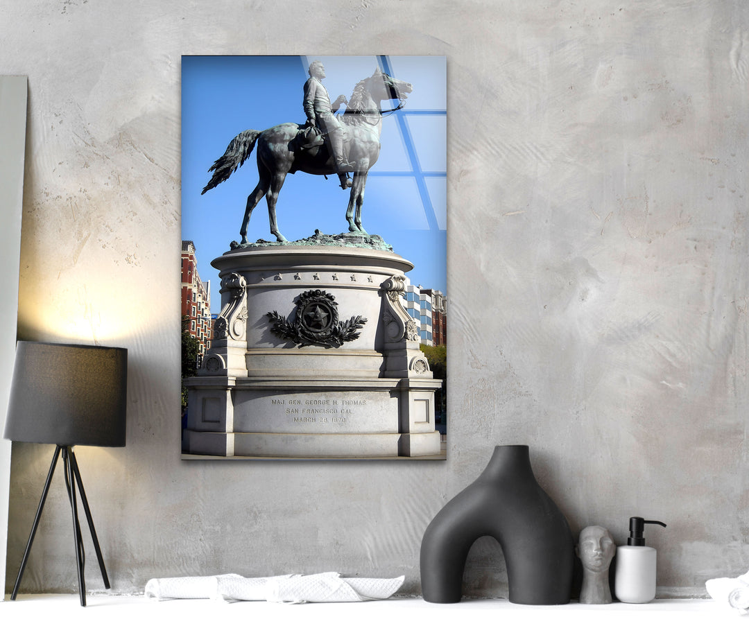 Equestrian Statue: Classical Bronze Art on Glass Wall
