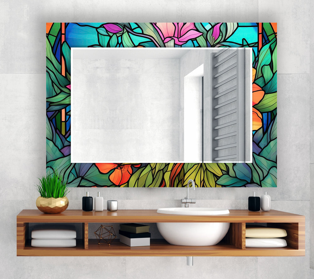 Green & Orange Flower Wall Mirror Bedroom Mirror
