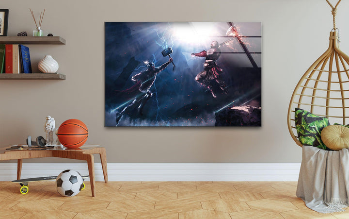 God of War Vs Thor Glass Wall Art print picture on glass, Tempered Glass Wall Art
