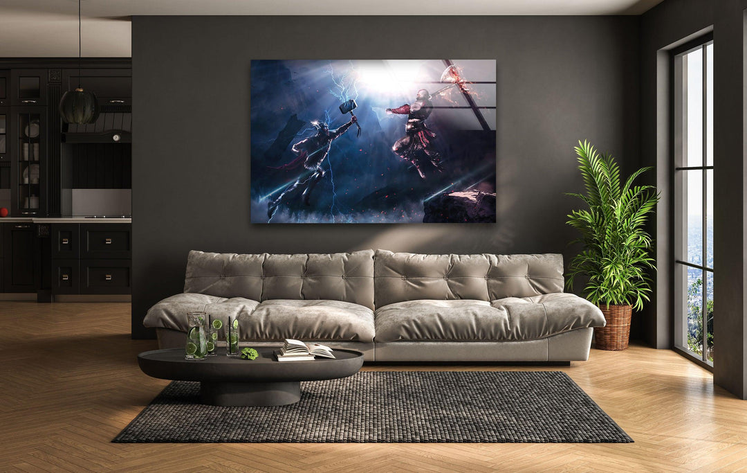 God of War Vs Thor Glass Wall Art custom glass photo prints, large glass prints
