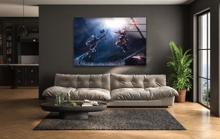 God of War Vs Thor Glass Wall Art custom glass photo prints, large glass prints
