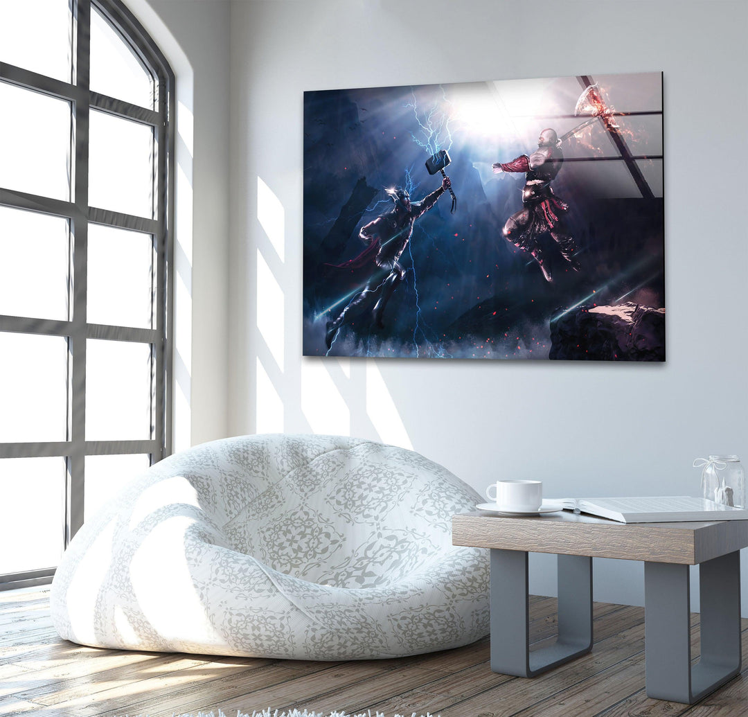 God of War Vs Thor Glass Wall Art photo print on glass, prints on glass wall art
