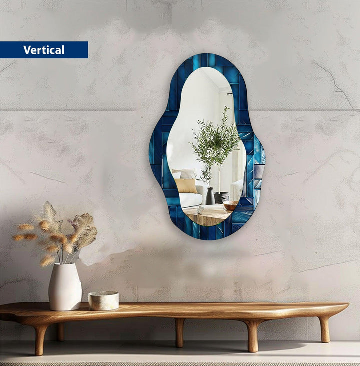 Blue Stained Abstract Asymmetric Wall Mirror