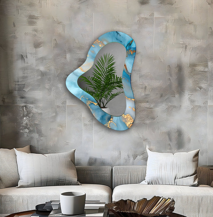 Gold & Blue Asymmetrical Glass Wall Mirror