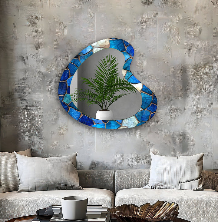 Blue Mosaic Asymmetrical Glass Wall Mirror