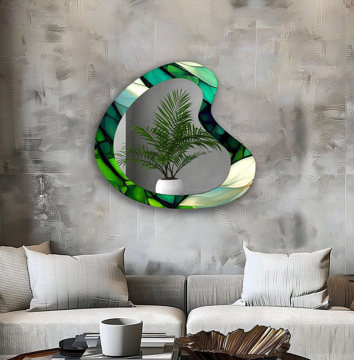 Green Stained Asymmetrical Wall Mirror