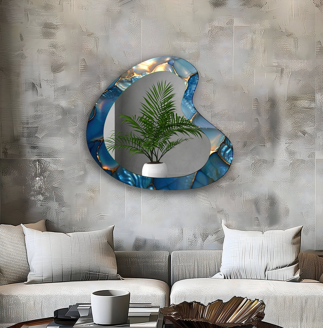 Blue Abstract Irregular Glass Wall Mirror