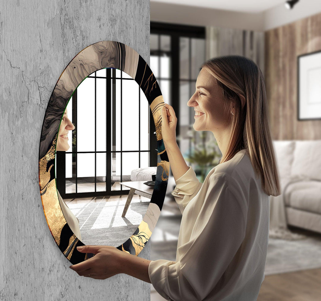 Black & Gold Abstract Oval Wall Mirror